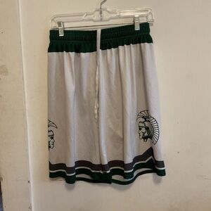 Men's Athletic Basketball Shorts in White and Dark Green Trim
